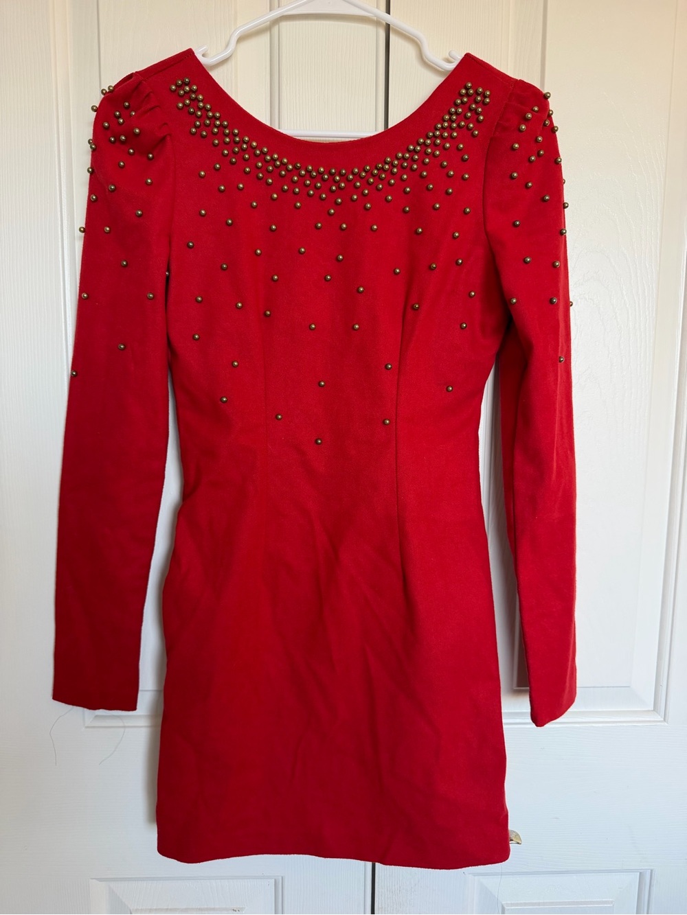 Red Long-Sleeve Studded Bodycon Dress with built in bra.